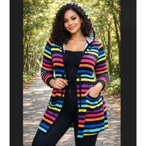 torrid Multicolor Rainbow Striped Hooded Open Cardigan